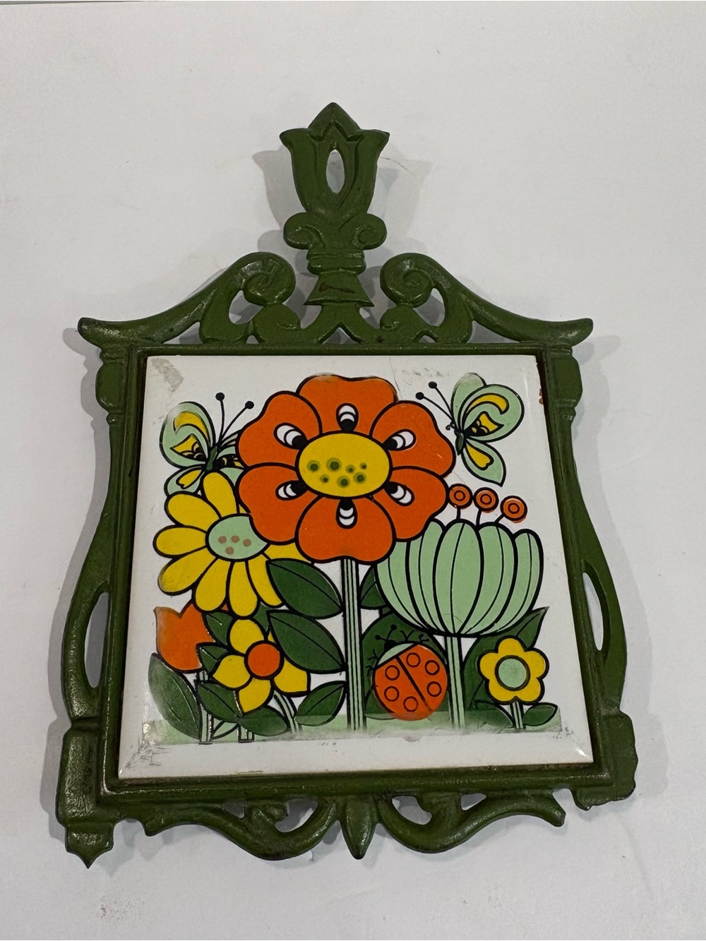 MCM Groovy Flower Power Orange Green Tile Trivet Wall Hanging Japan Pruce